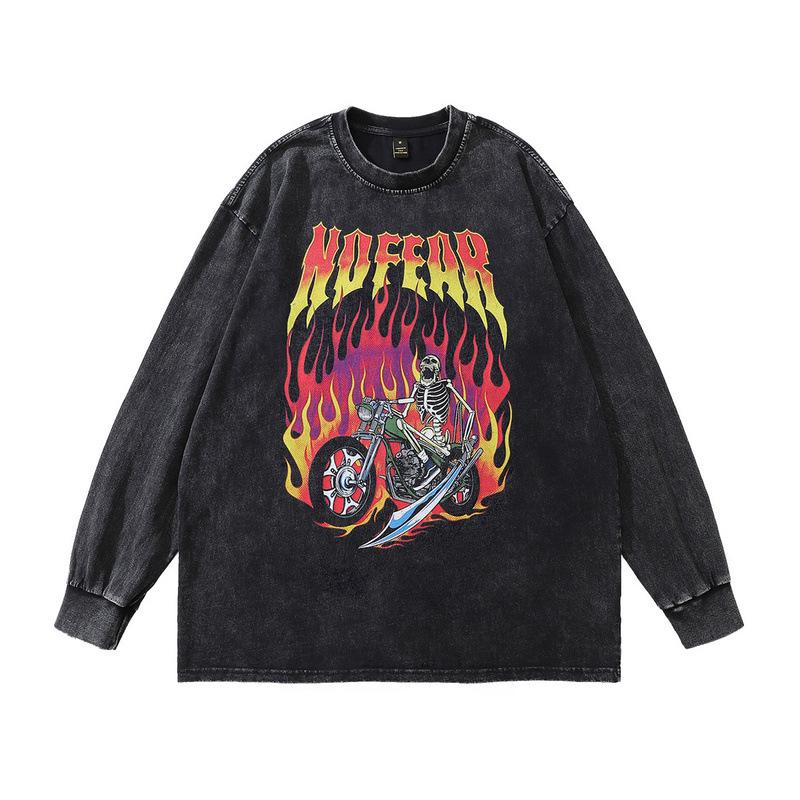 Men'S Top Ins American High Street Retro Skull Print 250G Pure Cotton Crew Neck Sweater For Men And Women