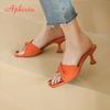 Fashion Aphixta New Summer Green Orange Women Slippers Solid Color Shoes Classic Square Toe Flip Flops Beach Med Heel Slides Mules