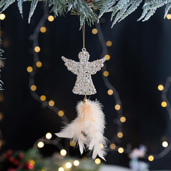 Christmas Tree Ornament Snowflake Plush Pendant Hanging Xmas Pendant with Feather Elements Sequins Bells Winter New Year Party Decor