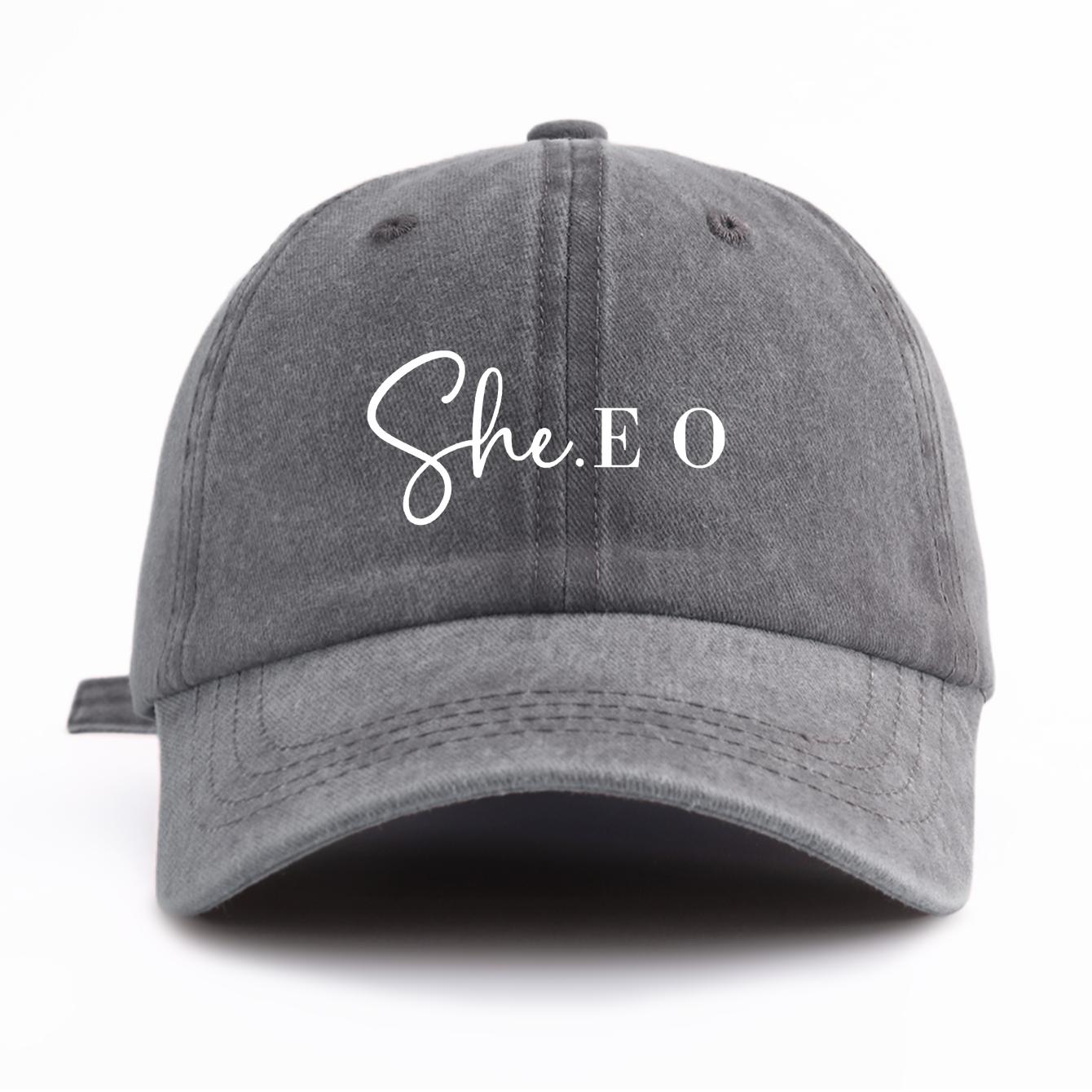 

1pc SHE.E.O Print Washed Baseball Cap for Adults,Minimalist Retro Style Casual Soft Adjustable Dad Hat, Perfect As Gift серый