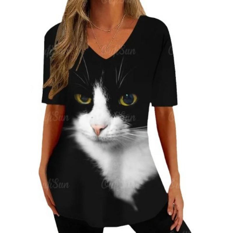 Summer V-neck 3D Cartoon Cat Printed Top Fashionable Casual Short Sleeved Women's T-shirts