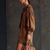 Womens Fringe Suede T-Shirt Dress with Lantern Sleeves