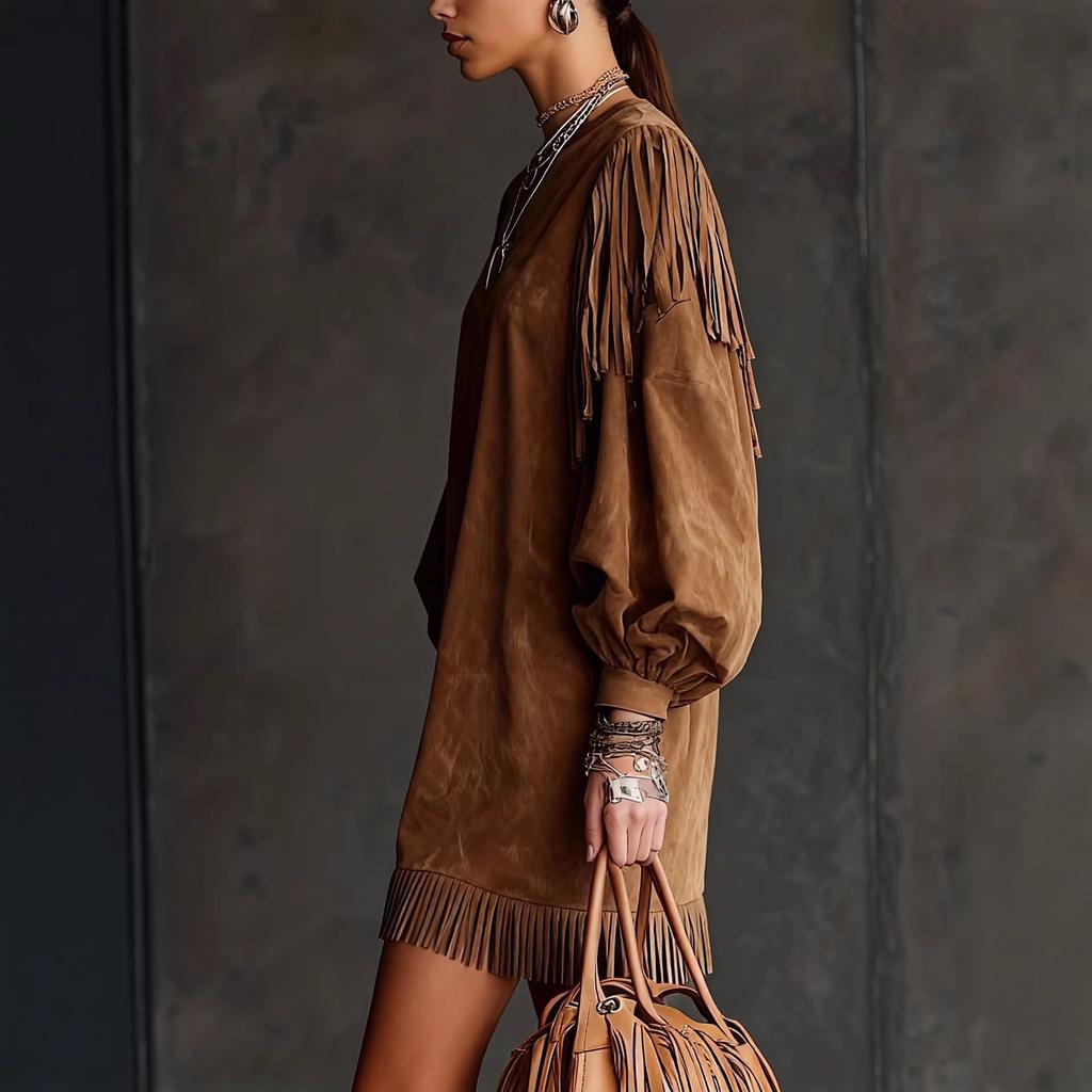 Womens Fringe Suede T-Shirt Dress with Lantern Sleeves