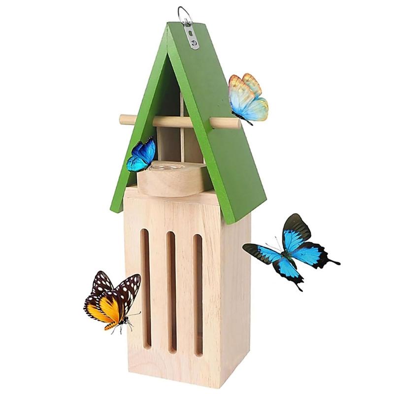 Hanging Butterfly Shelter Weather Resistant Wooden Habitat Feeder For Outdoor Garden
