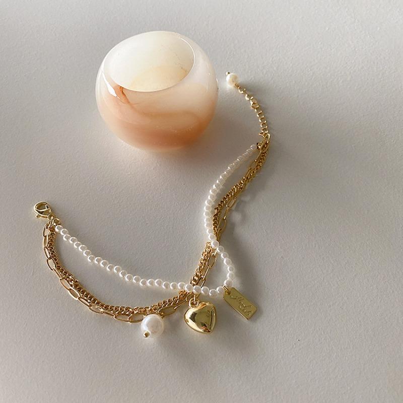 French Retro Temperament Versatile Fashion Personality Multi-layer Stacked Metal Chain, Pearl Love Bracelet, Female Cold Wind