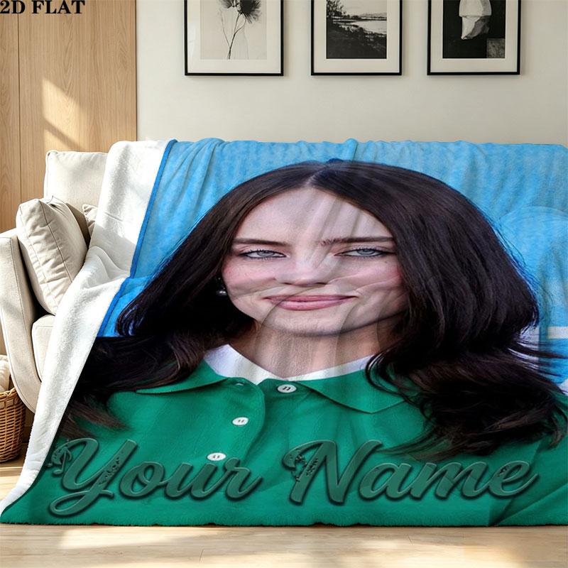 1PC Billie Eilish Custom Name Patterned Flannel Blanket Suitable For All Seasons for Home Decor Warmth and Comfort Gifts Holiday Present