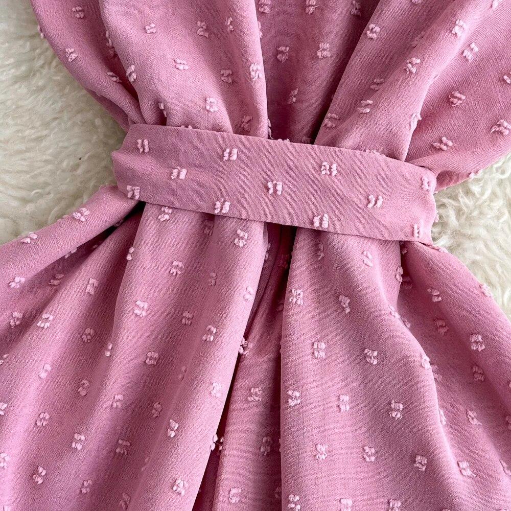 Letnia Polka Dot elegancka sukienka jednoczęściowa damska Vintage dekolt w serek sukienki z latającymi rękawami damska wysoka talia linia A patchworkowa sukienka plażowa 2024 nowość