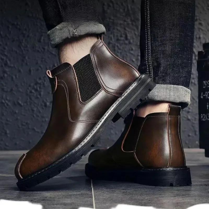 High Quality Retro Men Ankle Boots British Chelsea Business Casual Leather Shoes Fashion Comfortbale Thick Sole Work Boots Botas