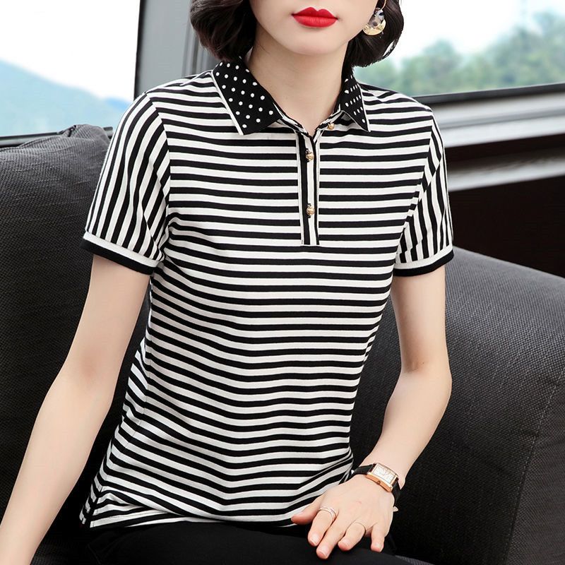Fashion Basic Striped Blouse Female Clothing Polka Dot Turn-down Collar Spliced Summer Short Sleeve Casual Korean Button Shirt