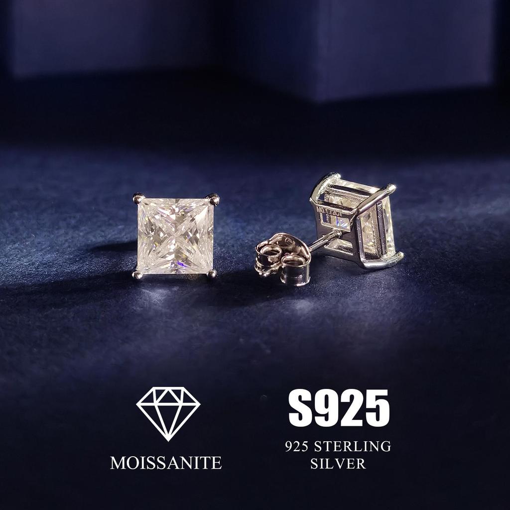 7MM MOISSANITE Square Princess Stud Earrings Unisex 925 Silver Passes Tester