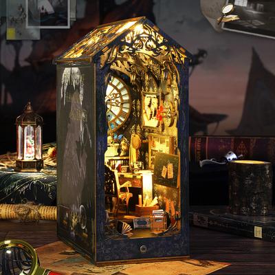 Rétro bricolage en bois livre coin étagère insérer Miniatures Kits Vintage détective célèbre agence serre-livres maison de poupée étagère décor à la maison