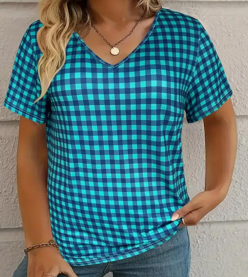 S-8XL Plus Size Women's T-shirt Plaid Pattern Print Summer Casual Short Sleeve Tops Tees Outdoor Fashion Loose Oversize Clothing