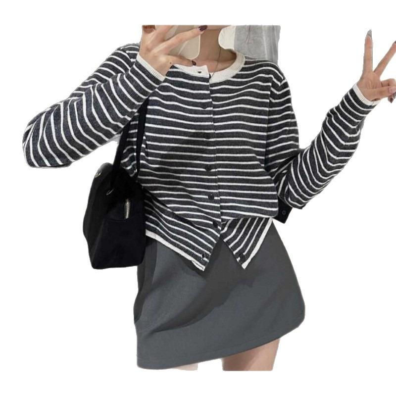 Striped knitted cardigan spring and autumn temperament jacket new base front shoulder long sleeve women's sweater