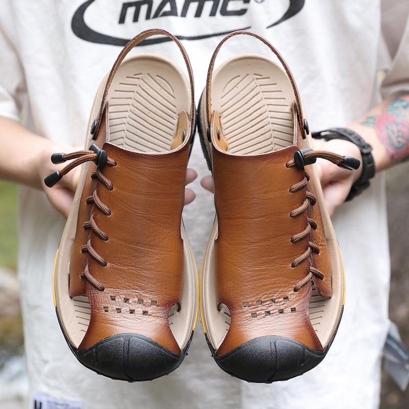 Plus Size Hand Stitching Men Genuine Leather Hollow Out Beach Sandals