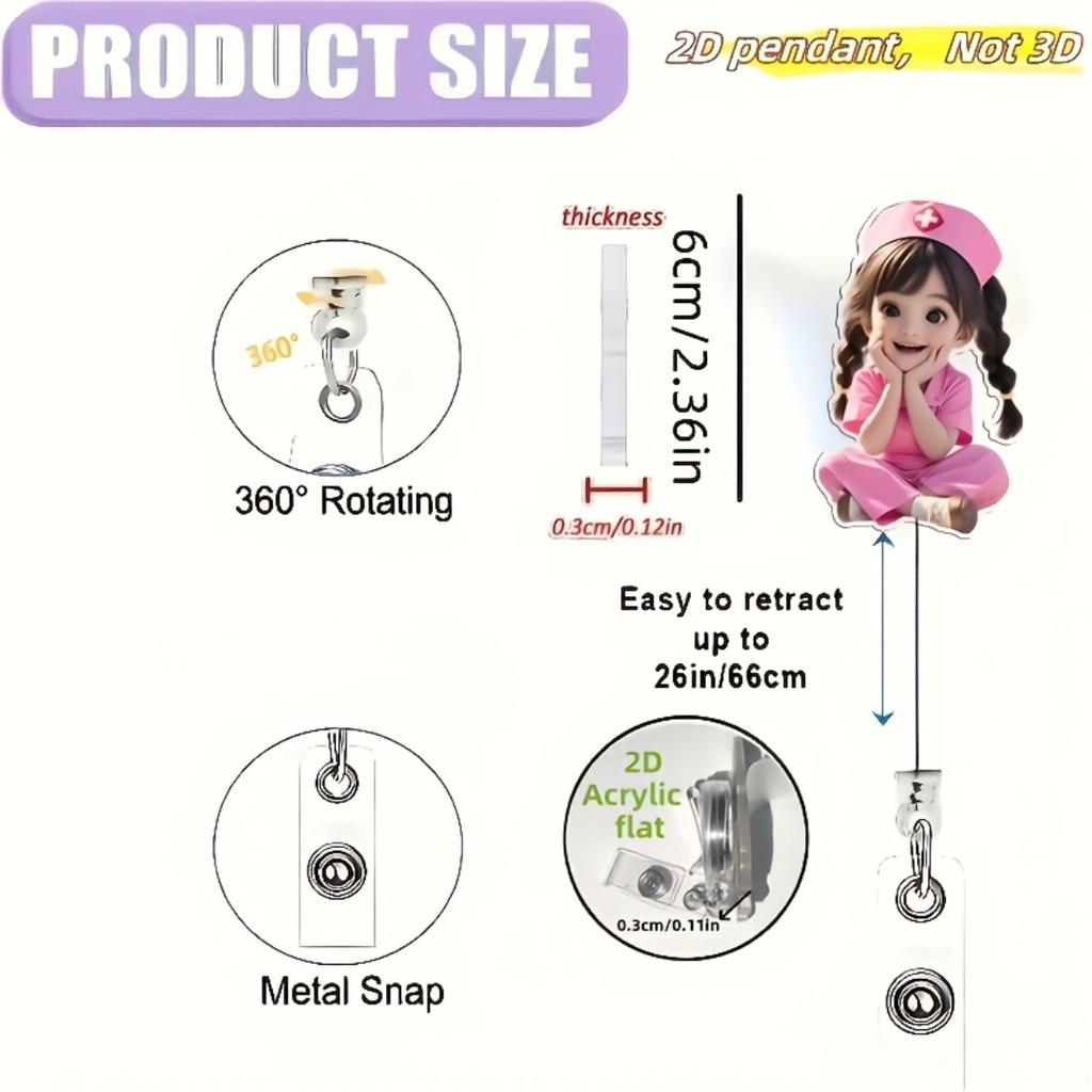 2D Flat Acrylic Pink Nurse Girl Retractable Badge Reel, Medical ID Tag Holder For Medical Students And Professional Nurse Practitioners Workplace