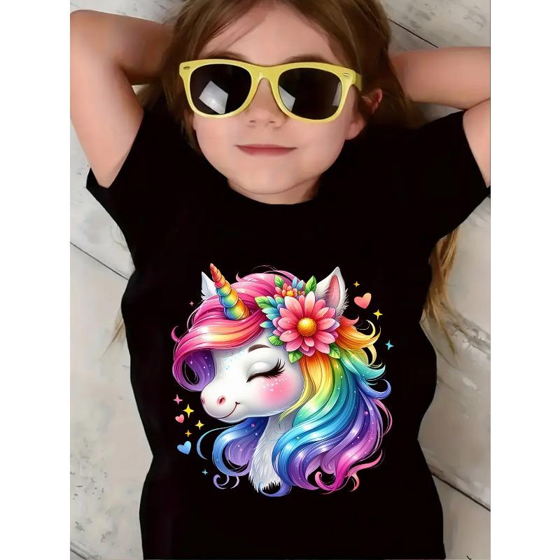 European sizes Girls' Fashion T-Shirt, Comfortable and Breathable, Soft Short Sleeves, New Spring/Summer Cute Unicorn Print T-Shirt