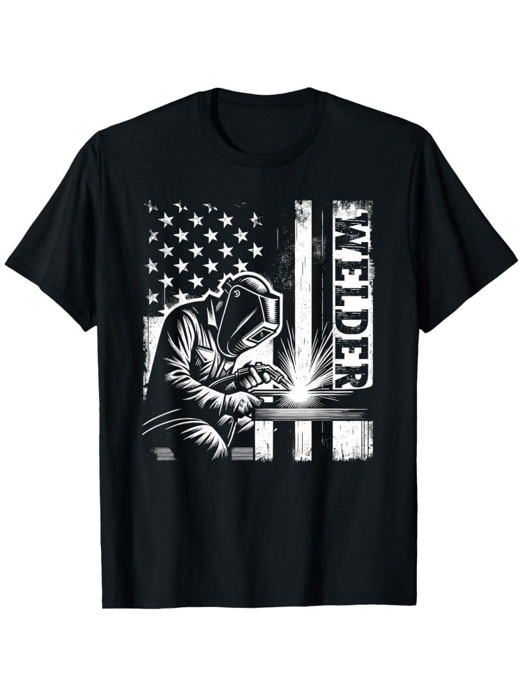 Mens Welding American Flag Welder Design 100 Cotton Summer Oneck Short Sleeve Oneck Printed Tshirt