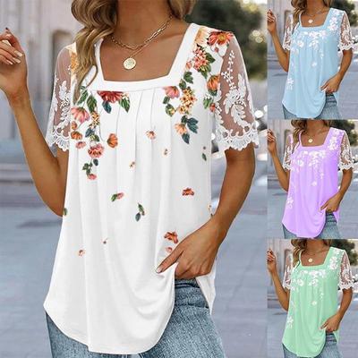Kadın Casual Gömlek Dantel Çiçek Baskılı Tişört Kare Yaka Kısa Kollu Moda Gevşek Bluzlar Artı Boyutu S-5XL