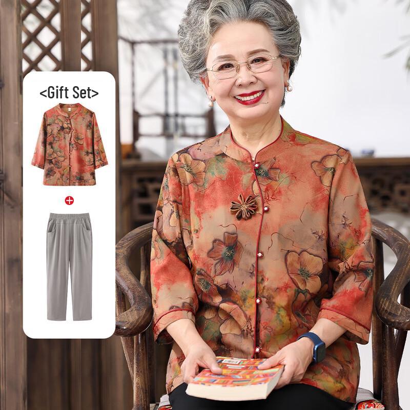 Elegant Stand Collar Breathable Shirt Set for Elderly Women XL