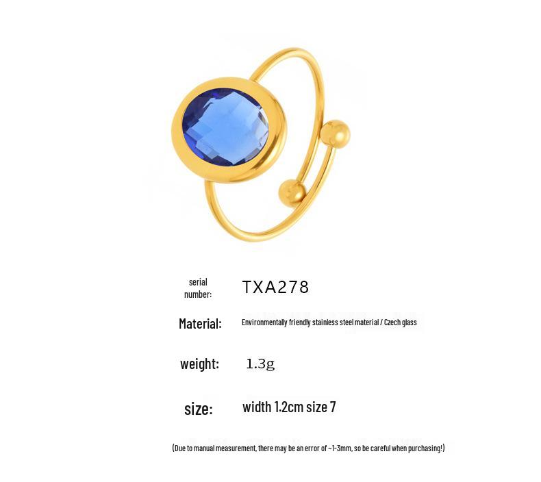 18k Gold Plated Open Ring with Qiong Yao Czech Glass Stone in Stainless Steel Bezel