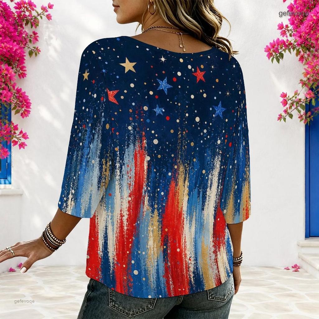 Women Plus Size Round Neck Half Sleeve Red White Blue Printed Loose Curved Hem Blouse