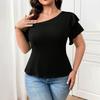 Women Black Asymmetric Off Shoulder Ruffle Short Sleeve Casual Top
