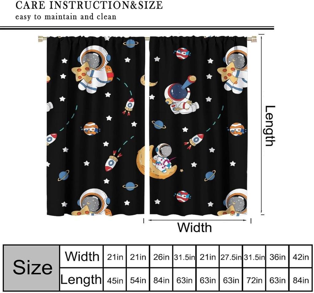 Outer Space Curtains Cartoon Astronaut Rocket Planets Stars Spaceman Universe Galaxy Print Window Kids Boys Made Of Polyester