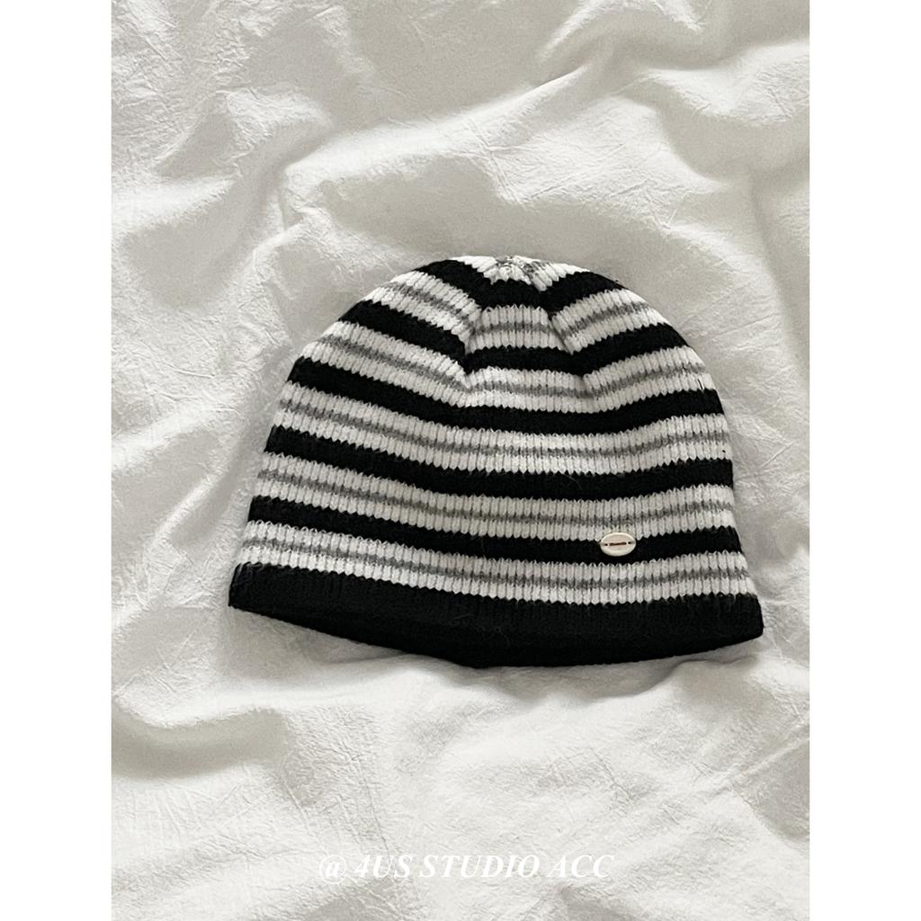 Color-Block Striped Knitted Hat Autumn Winter Warm Ear Protection Wool Hat Cold Hat Face Slimming