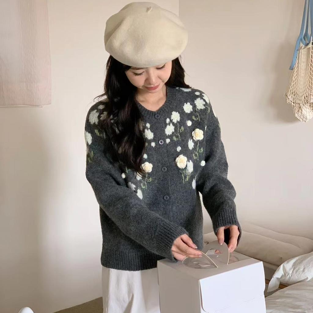 DIMANAF 2025 Flower Sweaters Cardigan Embroidered Flowers Autumn Women Print O-Neck Sweaters Knitting Loose Pink Sweater