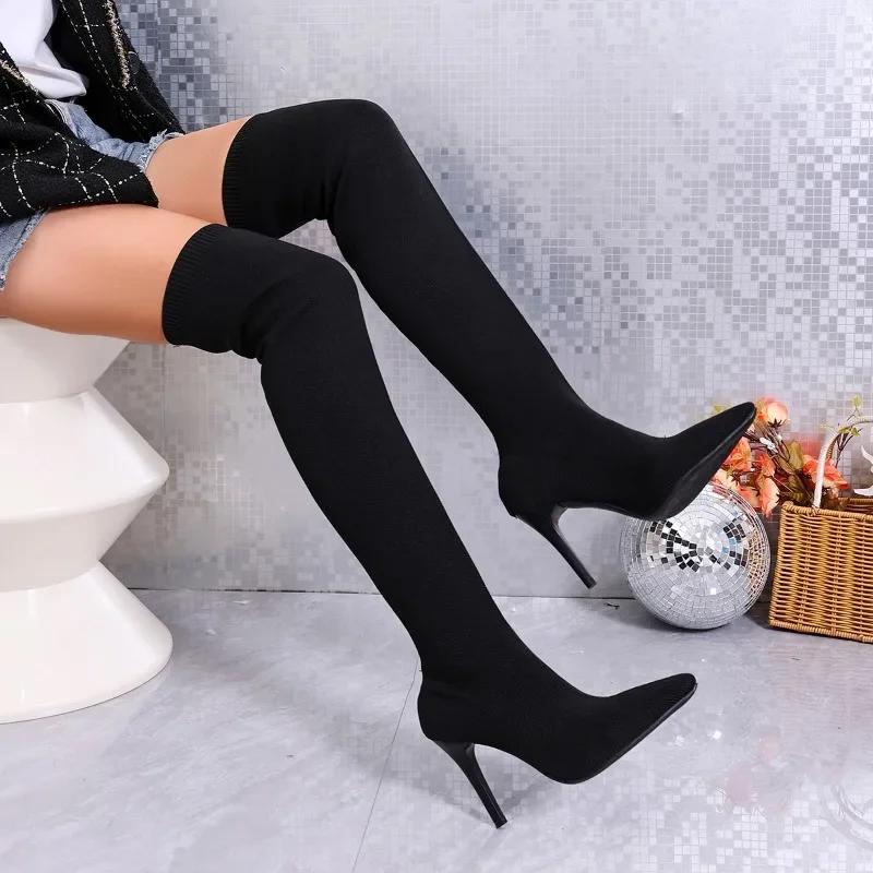 Fashion Women's Slim Heel Boots Winter New Mesh Cloth Breathable Over The Knee Anti-slip Wear-resistant Elastic Boots
