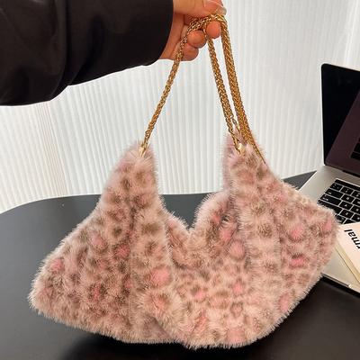 Simple and Large-capacity Bag 2025 New Trendy and Fashionable Leopard Print Plush Tote Bag Atmospheric Fluff Shoulder Bag Women's Bag