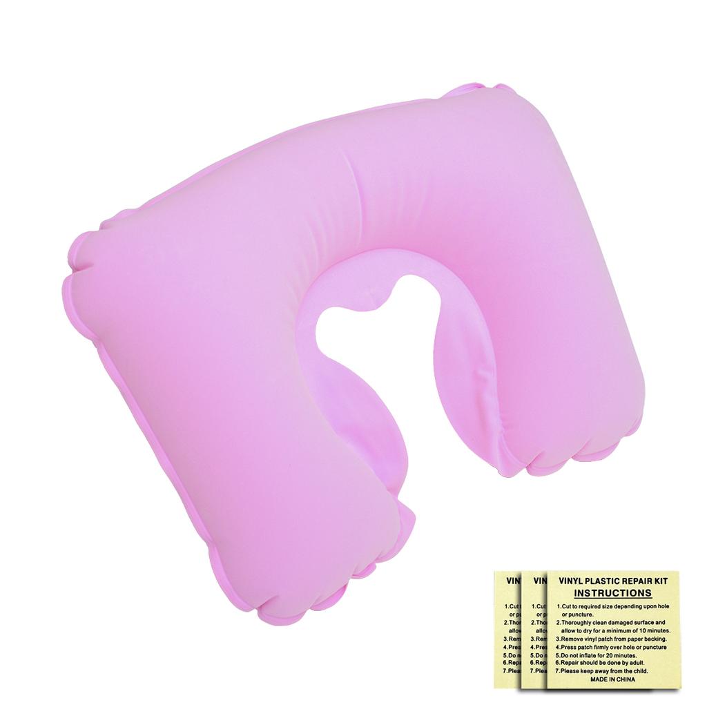 Inflatable flocking U-shaped pillow for outdoor travel. Inflatable pillow for storage and portable rest with leak repair patch