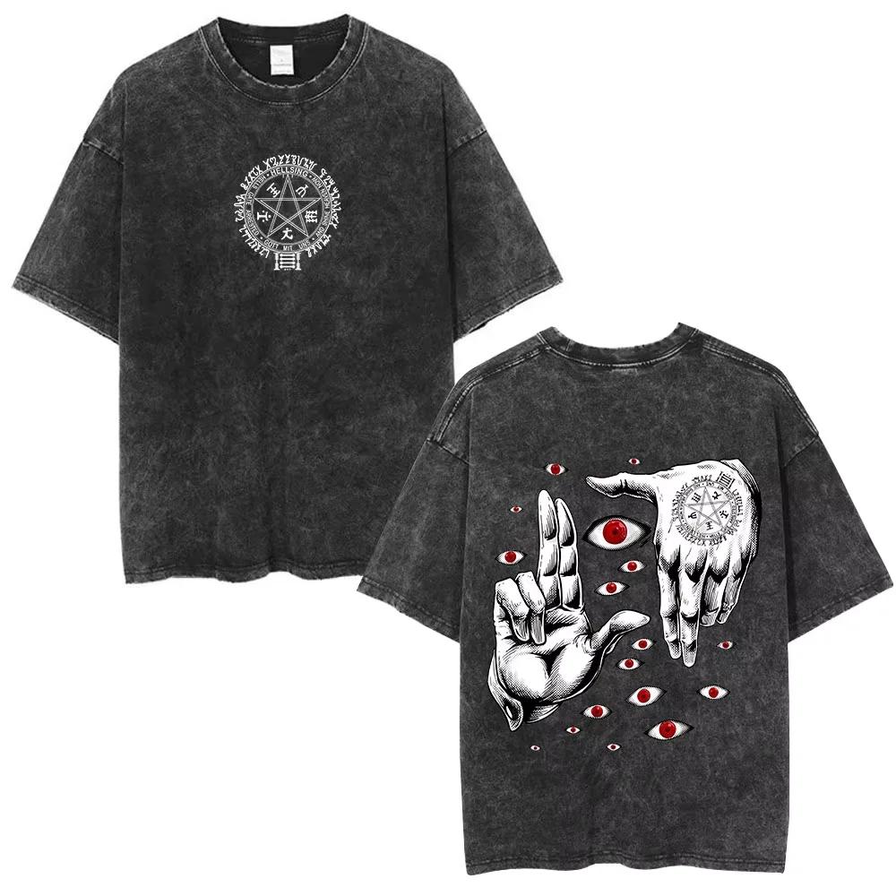 Anime Hellsing Alucard Graphic Washed T Shirt Men Vintage Manga T-shirts Street Cotton Tshirt Harajuku Male Casual Tops