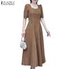 Women Casual Square Collar Summer Short Sleeve Long Dress