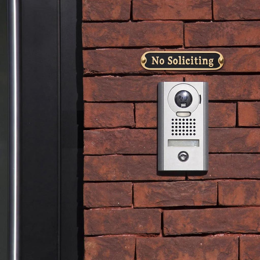 Brass No Soliciting Sign 6.5" - Brushed Matte Finish, Hidden Screws and Nanotape Adhesive, Classic Design for Front Door, Wall Decor, Home, Office,