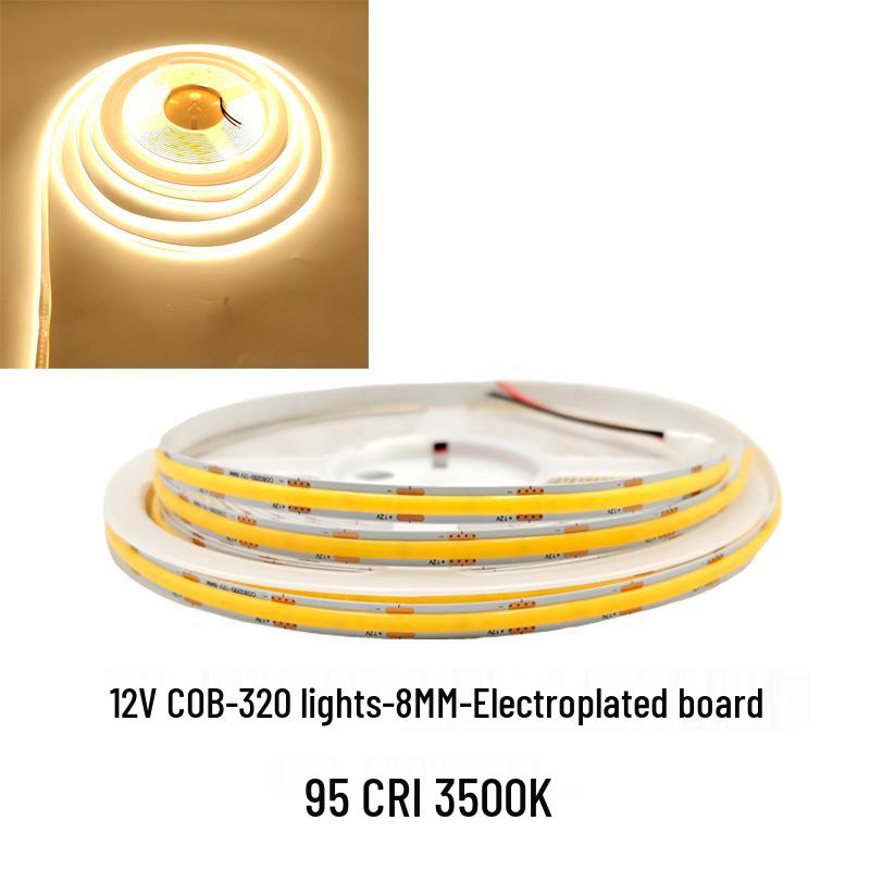 COB LED Strip Light 12V/24V, 320/480 LEDs, 8MM, 90 CRI, Self-Adhesive, Aluminum Channel.