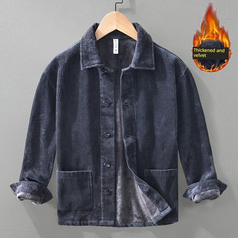 Winter Chinese-Style Retro Fleece-Lined Thickened Jacket Men's Corduroy Cotton Coat Warm Cotton-Padded Jacket Chinese Style Cotton-Padded Jacket