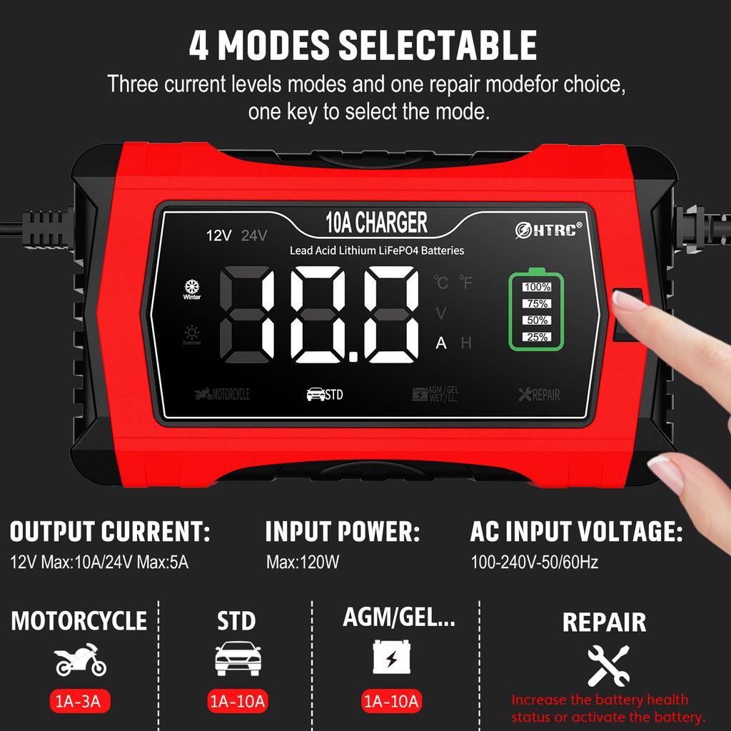 12V 24V 10A Automatické nabíjanie pre lítiové LiFePO4 AGM GEL olovené batérie Nabíjačka pre motocykle 7-stupňová nabíjačka autobatérií