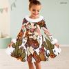 Girls High Neck Furry Trim Long Sleeve Halloween Tiger Printed A Line Flared Dress