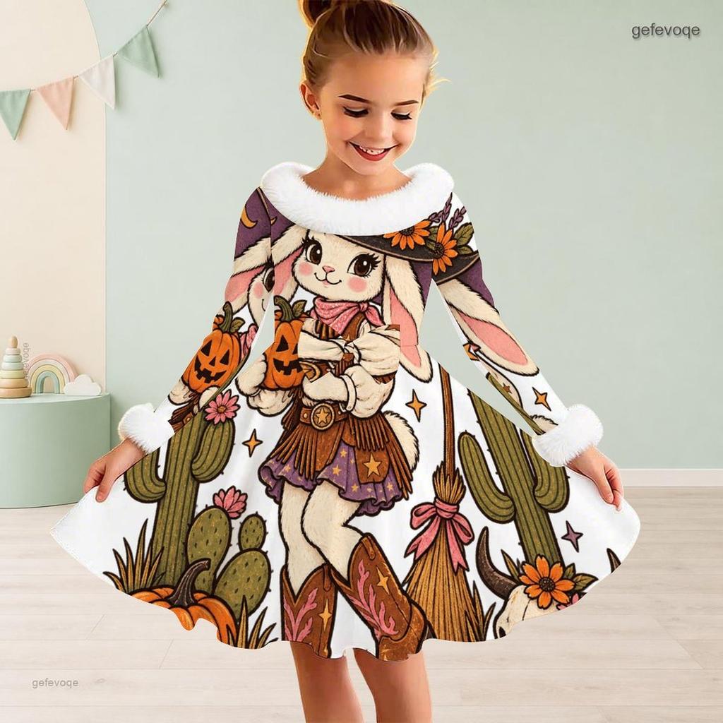 Girls High Neck Furry Trim Long Sleeve Halloween Tiger Printed A Line Flared Dress