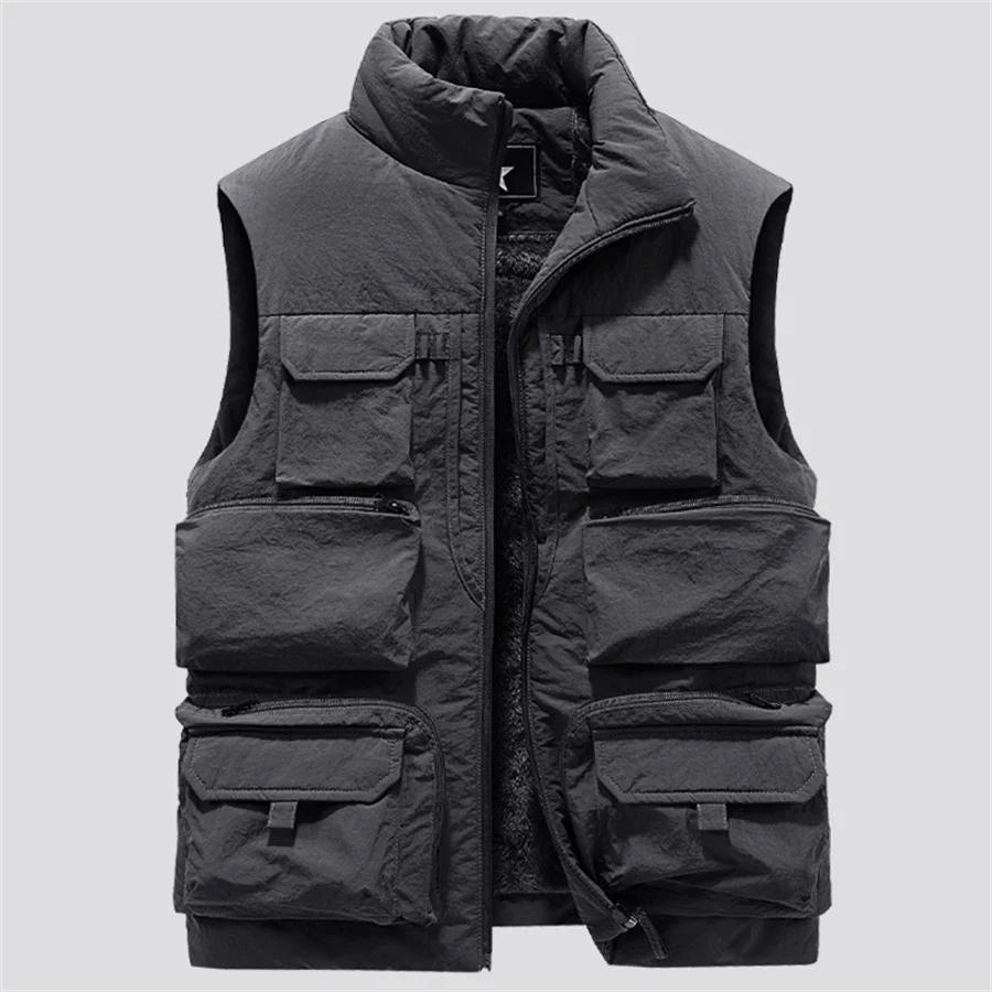 Fashion Men Cargo Vest Winter Thick Fleece Warm Sleeveless Sport Jacket Solid Color Coat Men Pockets Work Waistcoat