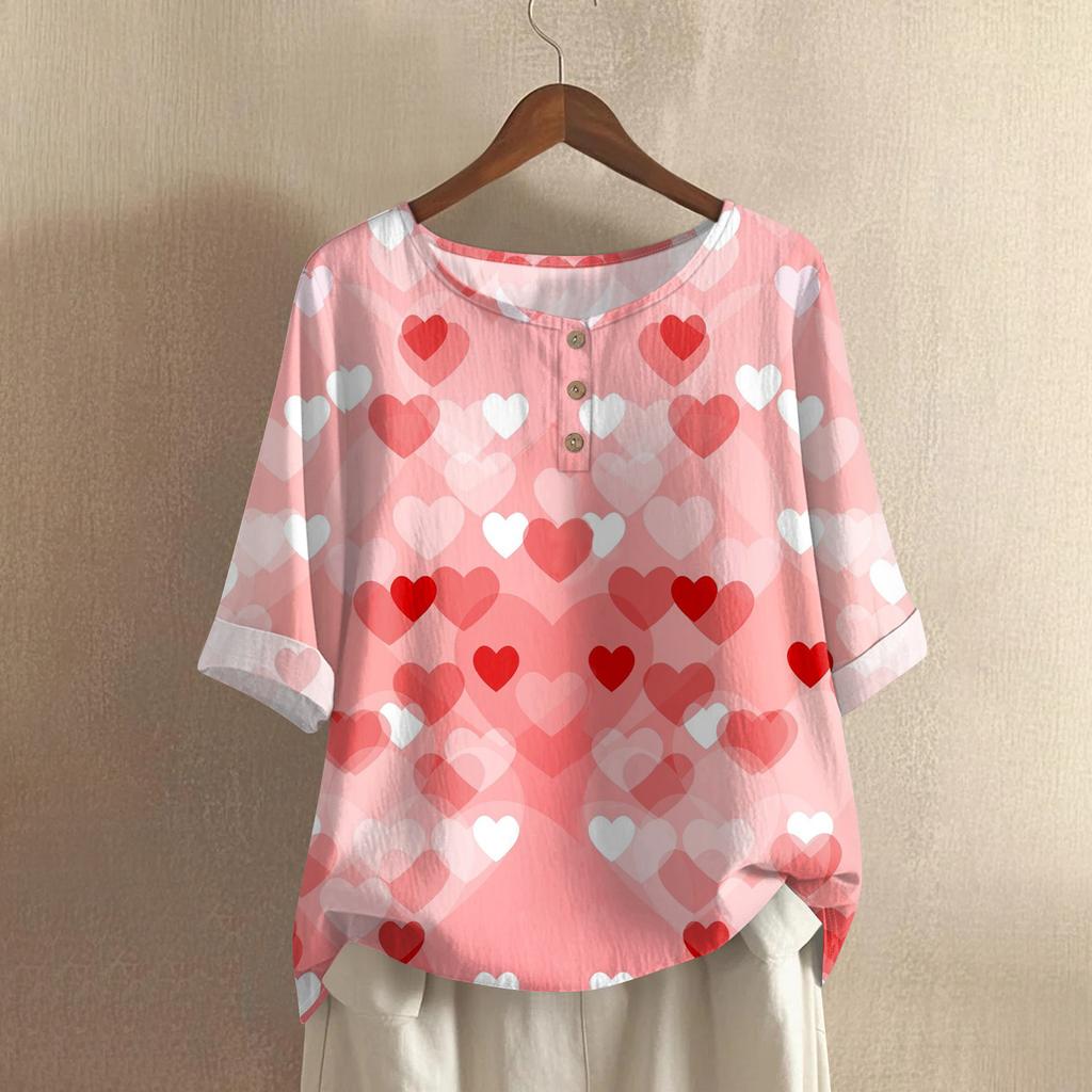 Damska casualowa bluzka z bawełny i lnu, z krótkim rękawem, okrągłym dekoltem i nadrukiem walentynkowym