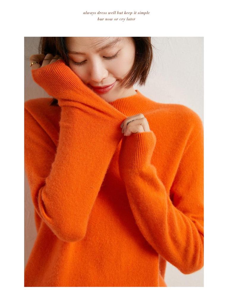 2024 Fall/Winter Women's 100% Wool Semi-High Neck Loose Knitted Sweater