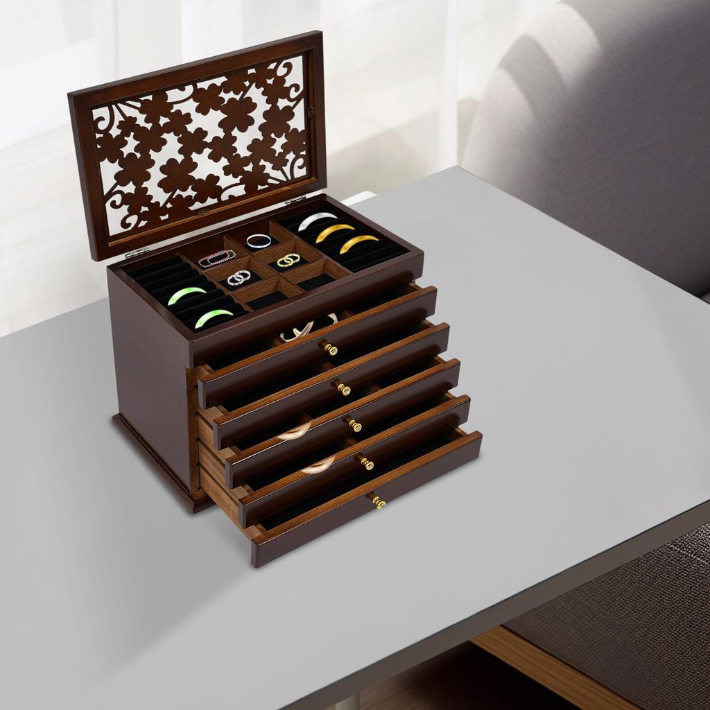 6-Tier Jewelry Organizer Box -- Vintage Retro Rectangle Design - Wooden Finish Jewelry Storage Case - Jewelry Display Organizer