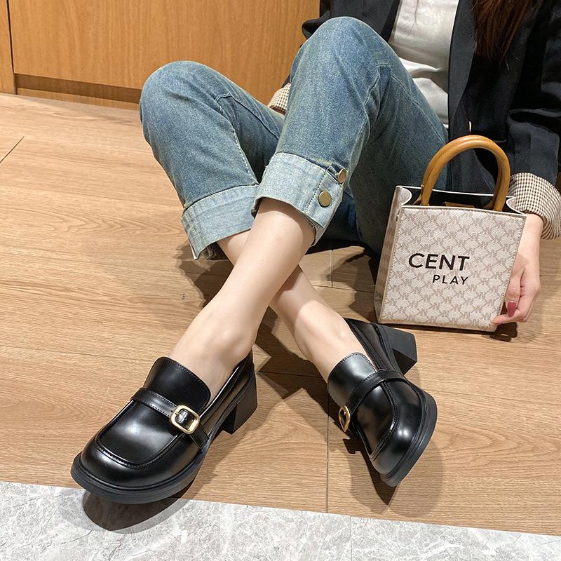 Platform Loafers New Round Head Retro Style Small Leather Shoes Women's Spring and Autumn One-pedal Thick Heel Single Shoes