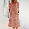 Women Summer Boho Floral Print Dress Round Neck Short Sleeve Pocket Dress
