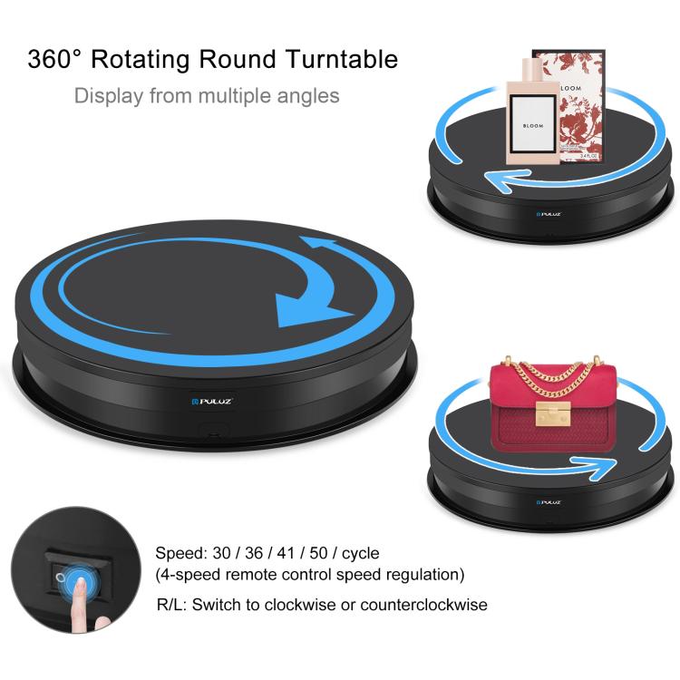 PULUZ 30cm Adjusting Speed Rotating Turntable Display Stand, Load 10-15kg, US Plug чёрный
