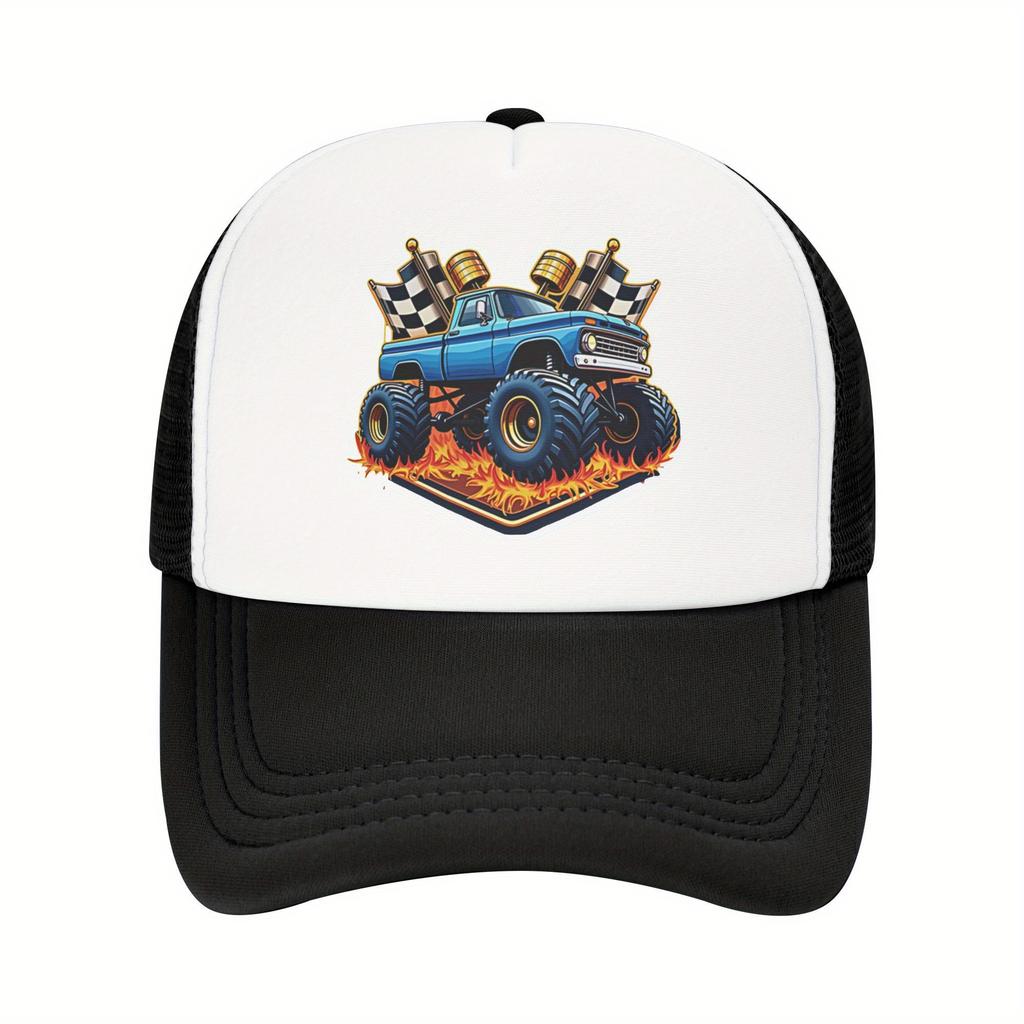 Boné Trucker com Chamas de Monster Truck e Bandeiras Quadriculadas, Tela Respirável, Boné de Basebol para Fãs de Automobilismo