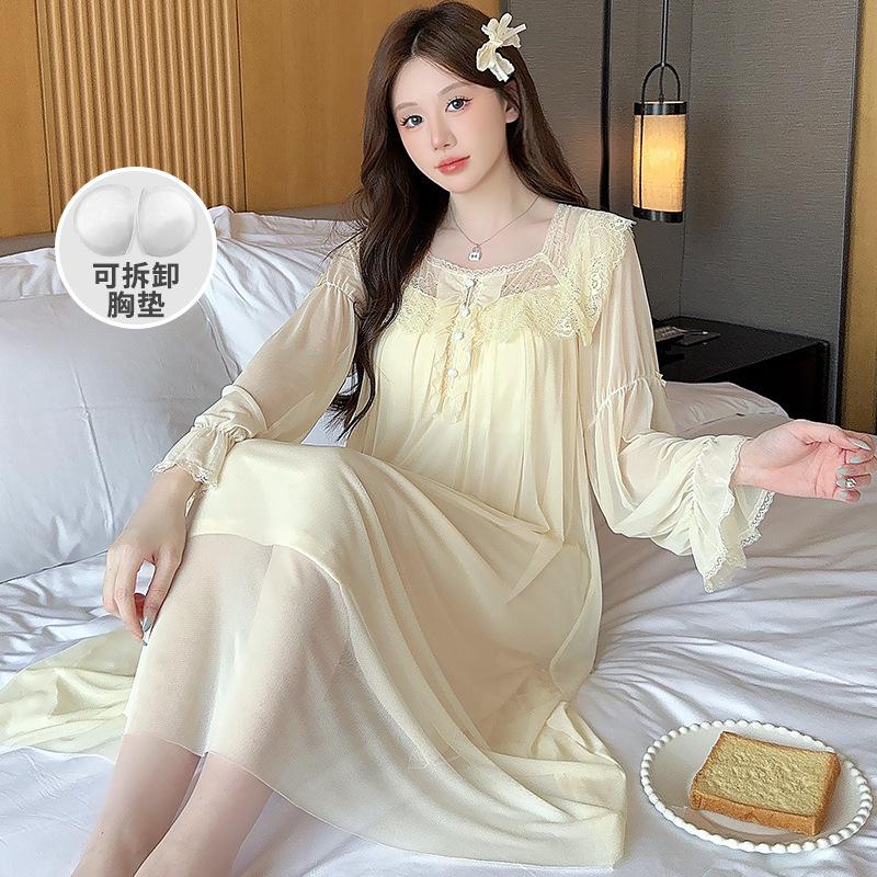 Ling Lei Chunqiu Solid Color Square Neck Lace Long Sleeve Mesh Court Princess Style Medium Long Pajamas Pajamas Homewear