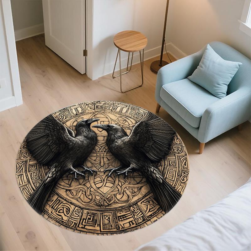 Two Crows with Runes,Round Area Rug,Carpet Rug for Living Room Bedroom Sofa Playroom Decor,Non-slip Floor Mat